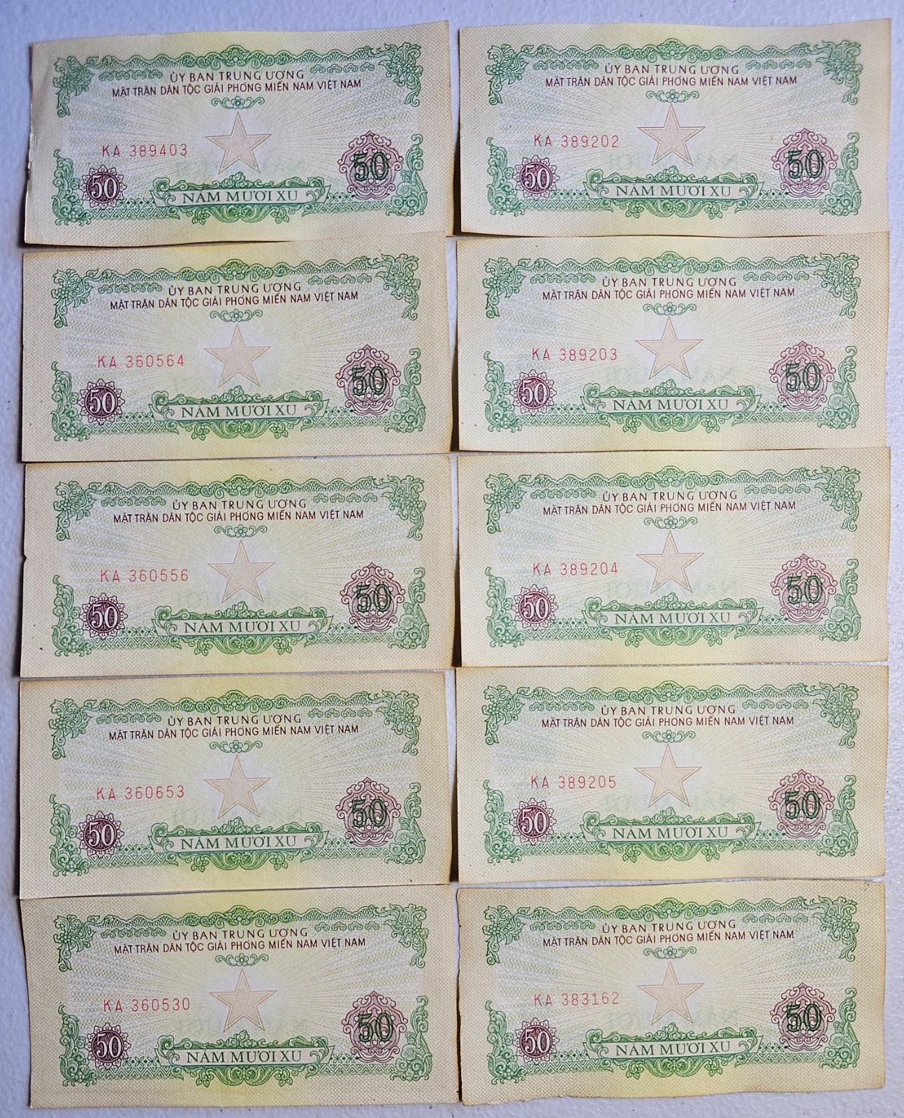 South Vietnam National Liberation Front (Viet Cong) 50 Xu 1968, Lot of 10