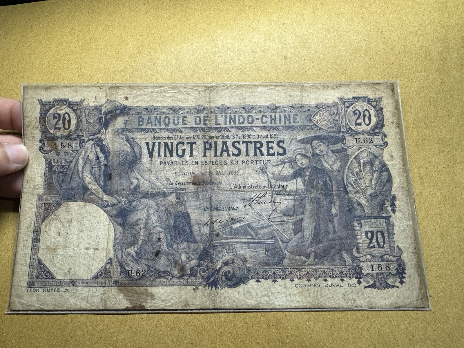 20 Piastres Pick#38b Indochine Indochina Banknotes 1917 Repaired_LDP Shop.