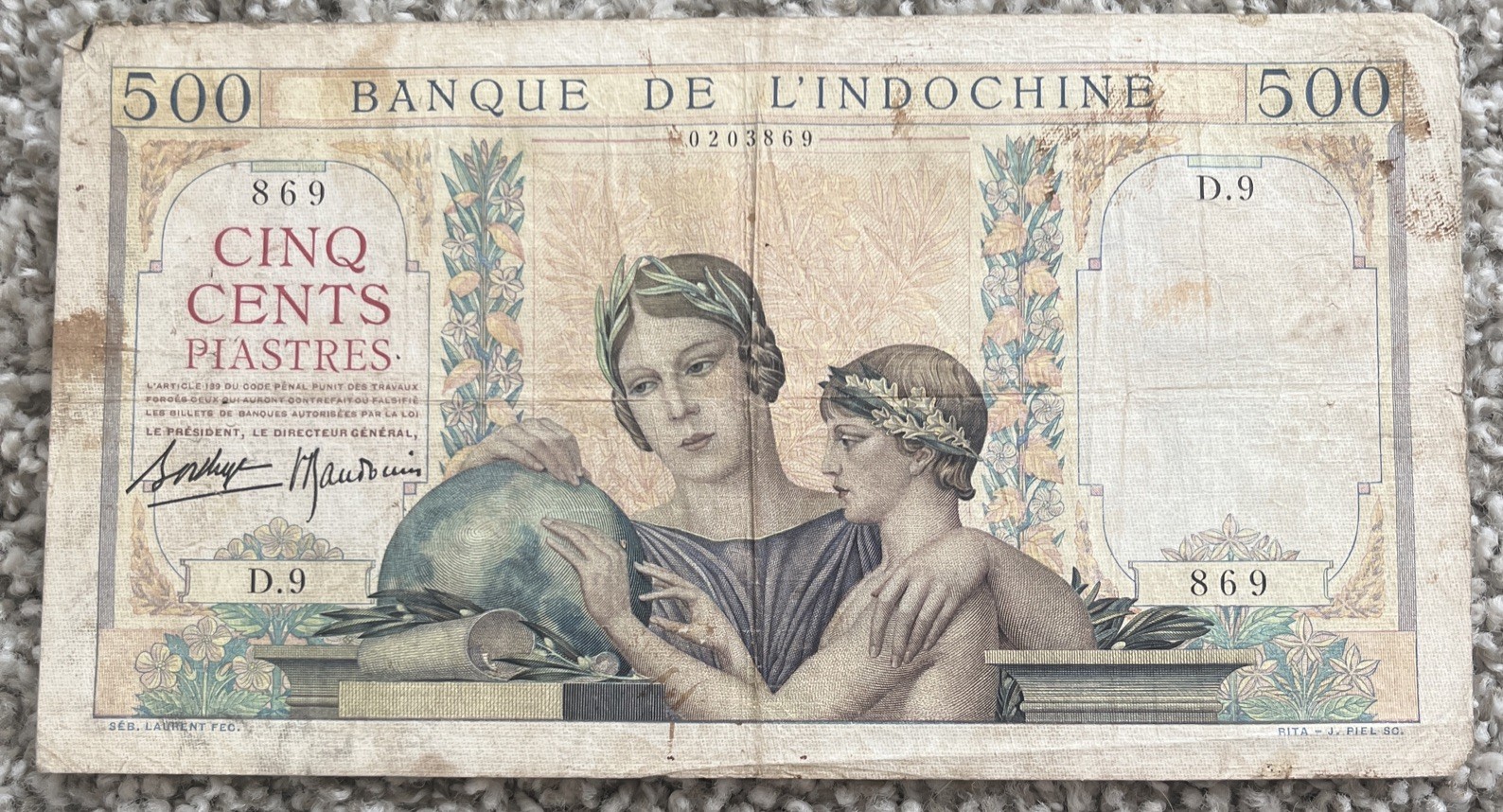 French Indochina 500 Piastres 1939 Fine