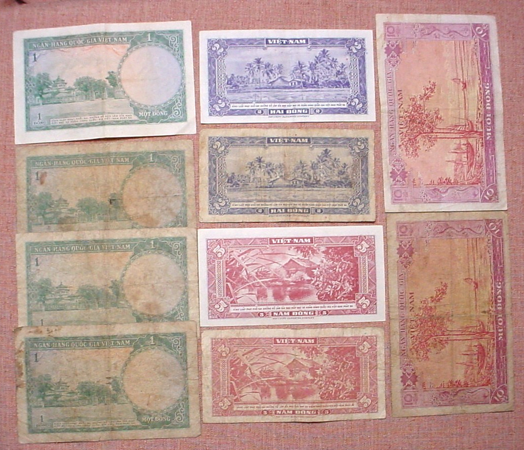 10 Viet-Nam 1950’s Bank Notes – 4 One Dong / 2 Two Dong / 2 Five & 2 Ten Dong