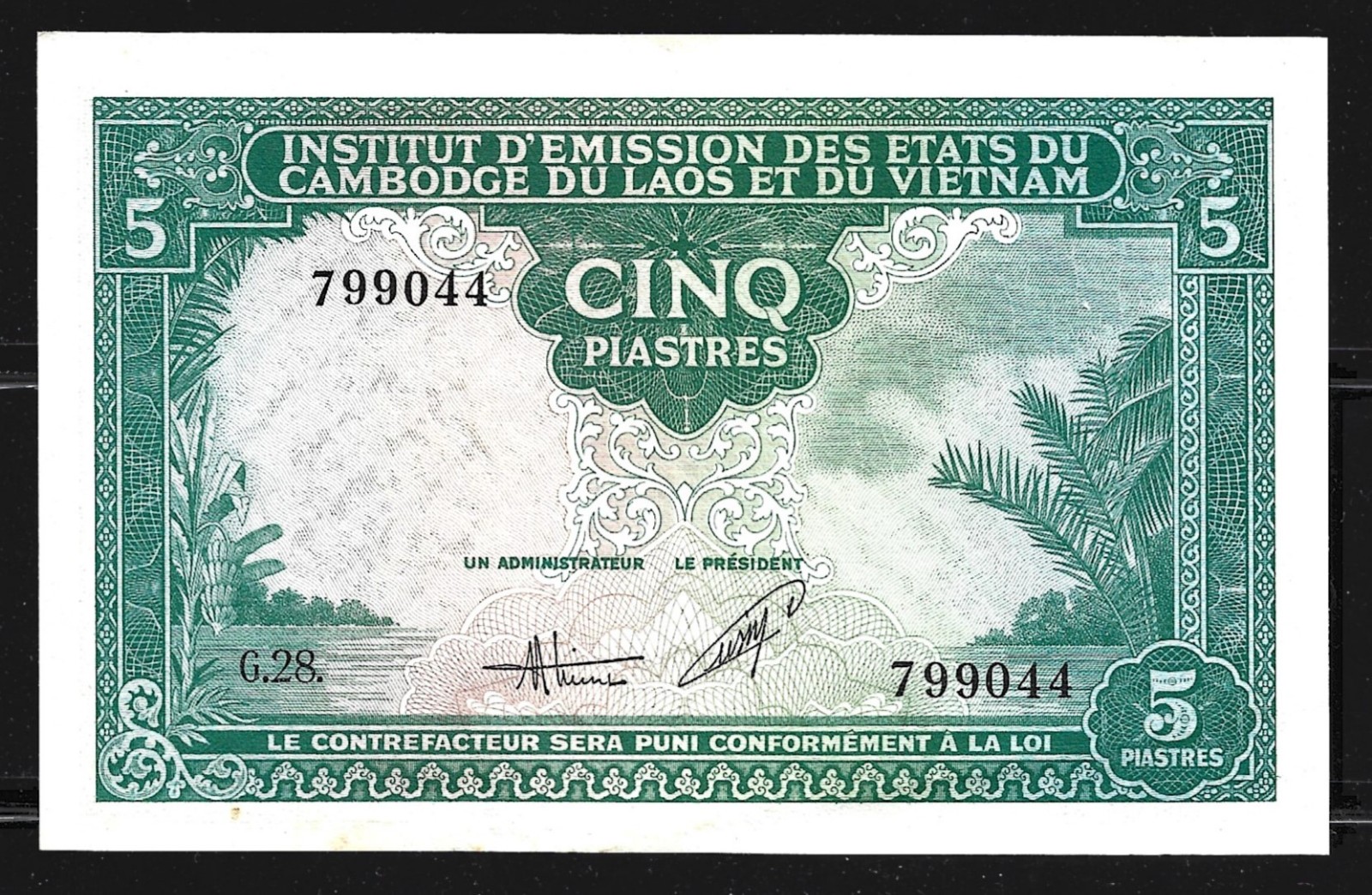 FRENCH INDO CHINA $5 PIASTRES P.106 (AU+) FROM 1953