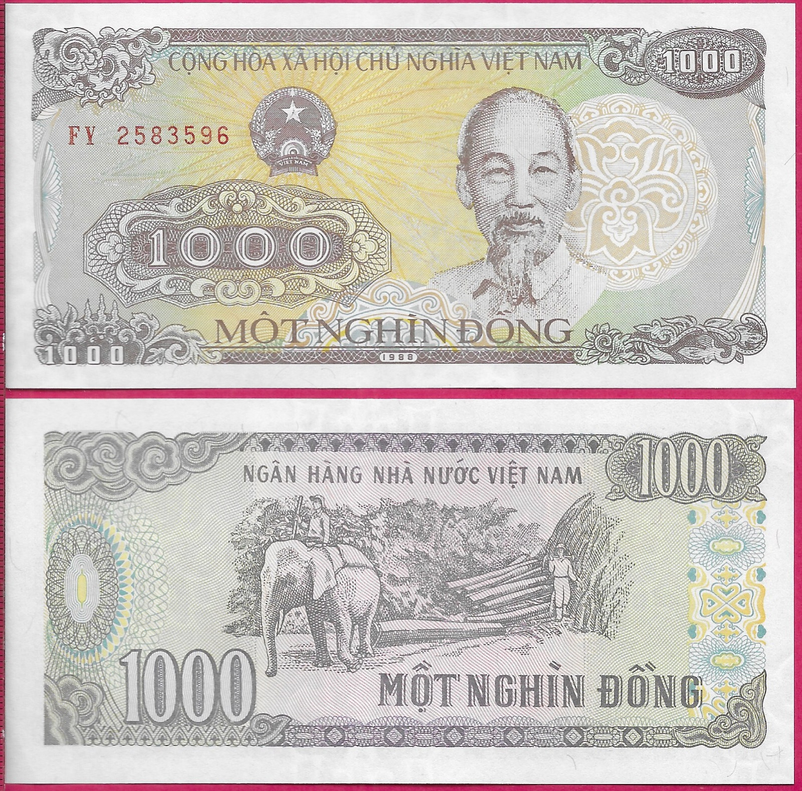 VIETNAM SOCIALIST 1000 DONG 1988 UNC PREFIX FY, HO CHI MINH AND (1890-1969)ELEP