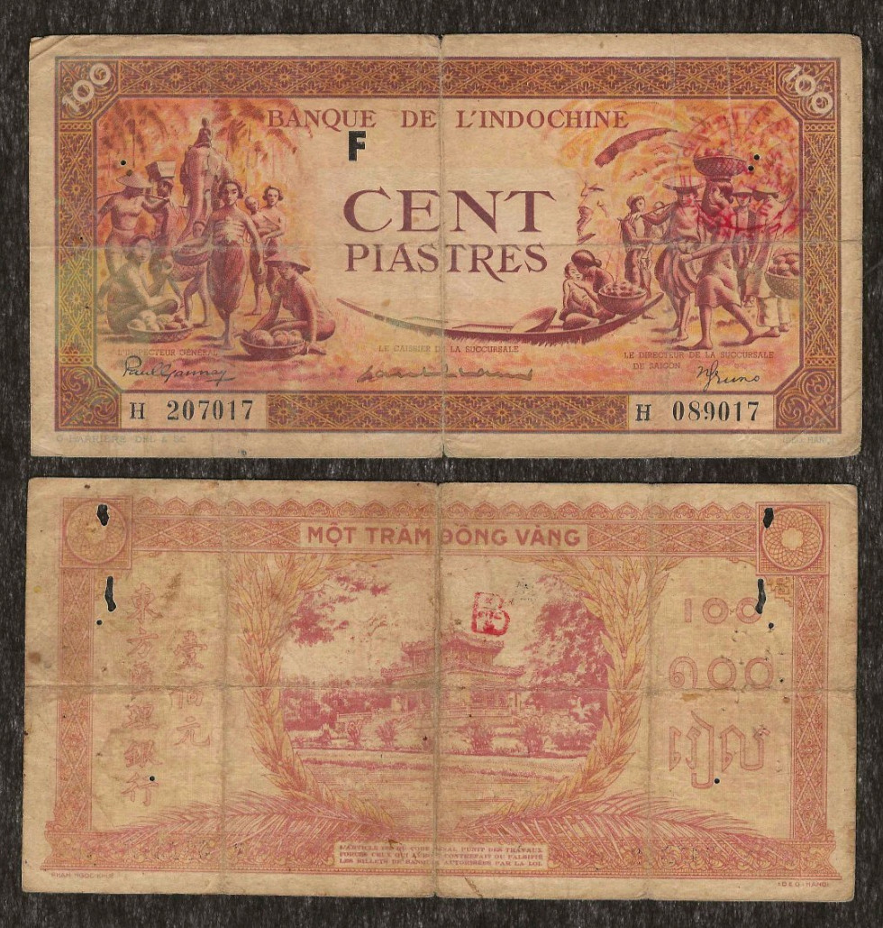 VIETNAM 100 PIASTRES P-R19 (1942) Rare FRENCH INDOCHINA Vietnamese CHOP BANKNOTE