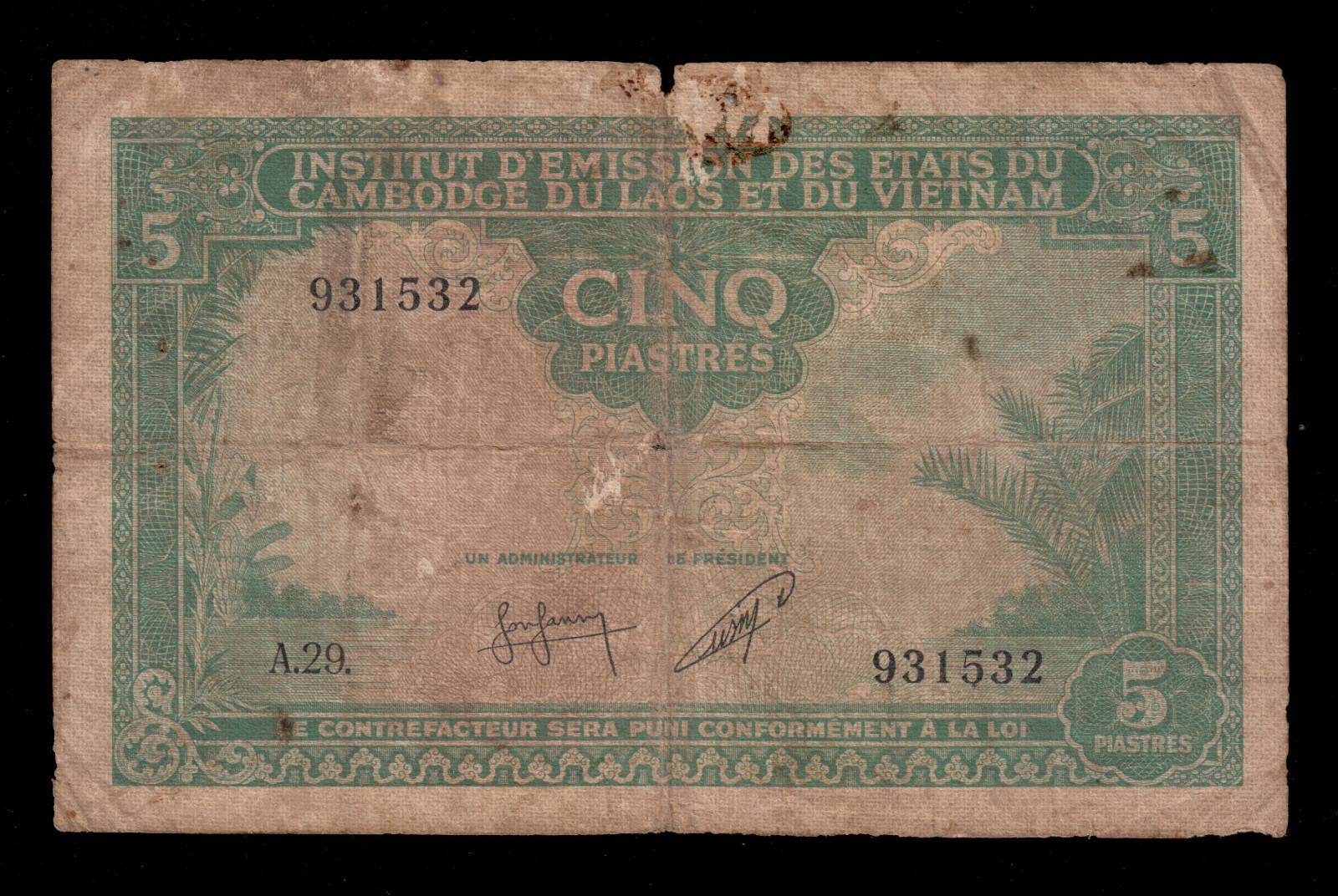 P-95 5 Piastres 1953 Cambodia French Union banknotes serial number A29 931532