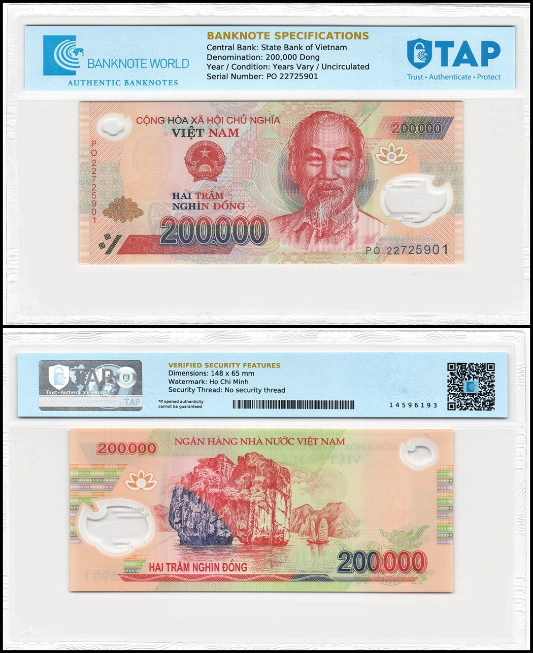 Vietnam 200000 Dong, 2022, P-123, UNC, Polymer, Authenticated Banknote