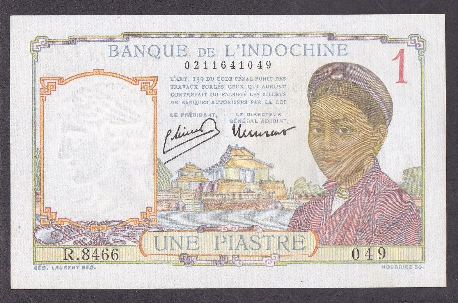 [UNC] 1932-39 1949 French Indo-China 1 Piastre P-54d R8466-049 [002-1]
