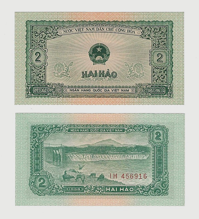 VIETNAM 2 HAO P-69 1958 x 1 Pcs UNC BUFFALO DAM VIETNAMESE EMBLEM BILL BANK NOTE
