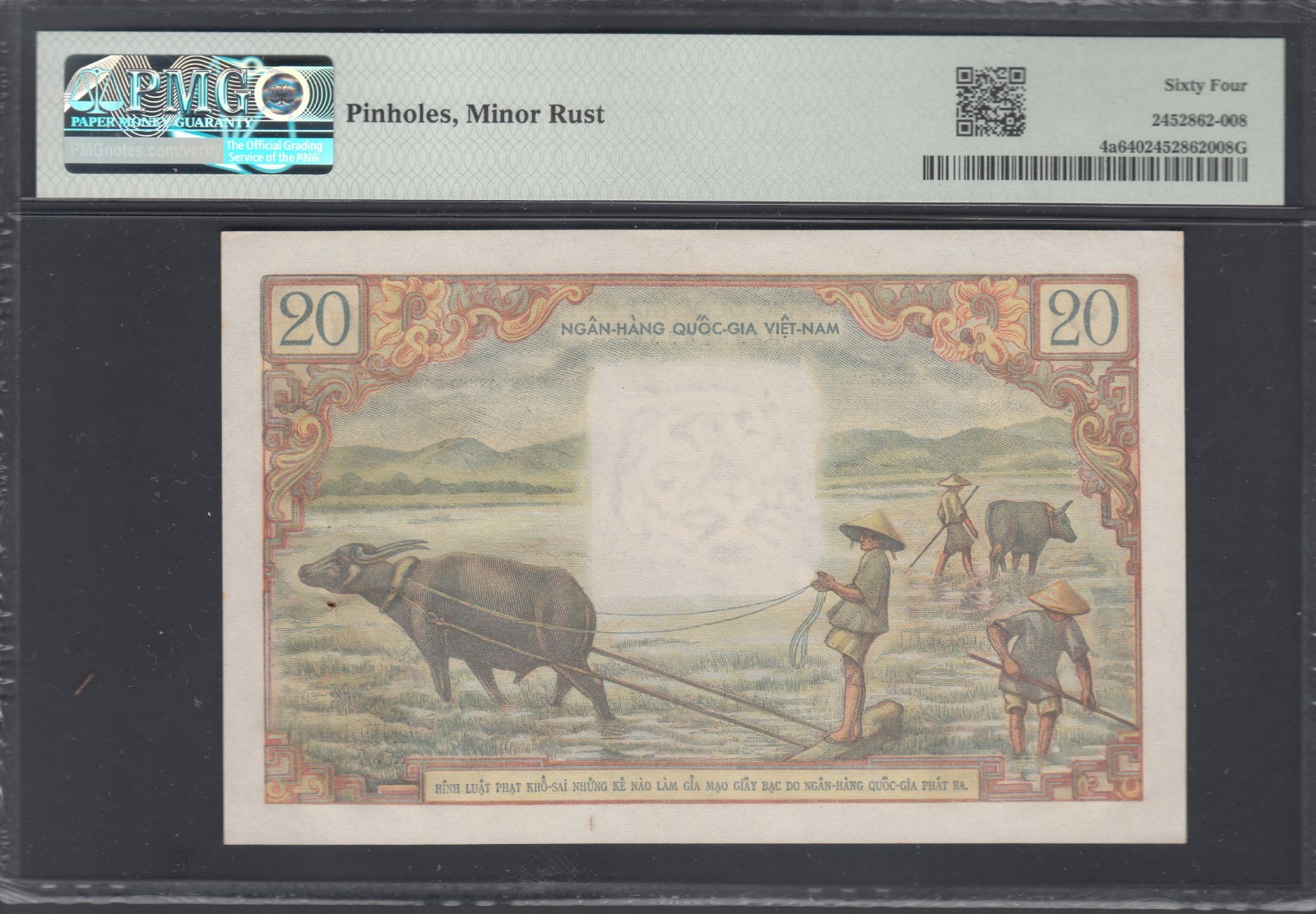 1956 South Vietnam Republic National Bank Notes 20dong, PMG Certified, UNC, P#4a
