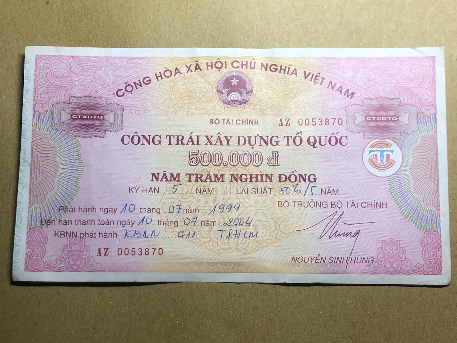 500,000 Dong Payment Bond Cheque Unpaid 1999 Original Vintage Rare_LDP Shop.