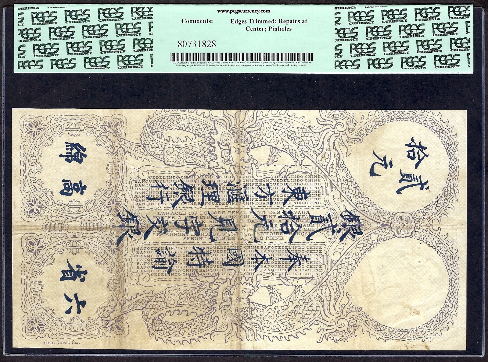 French Indochina Banque de l’Indo-Chine, Saigon 20 Piastres 1.8.1920 PCGS VF25