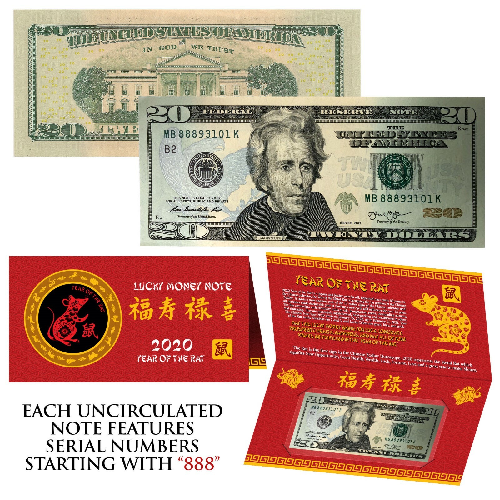 2020 CNY Chinese YEAR of the RAT Lucky Money $20 U.S. Bill – S/N Starts With 888