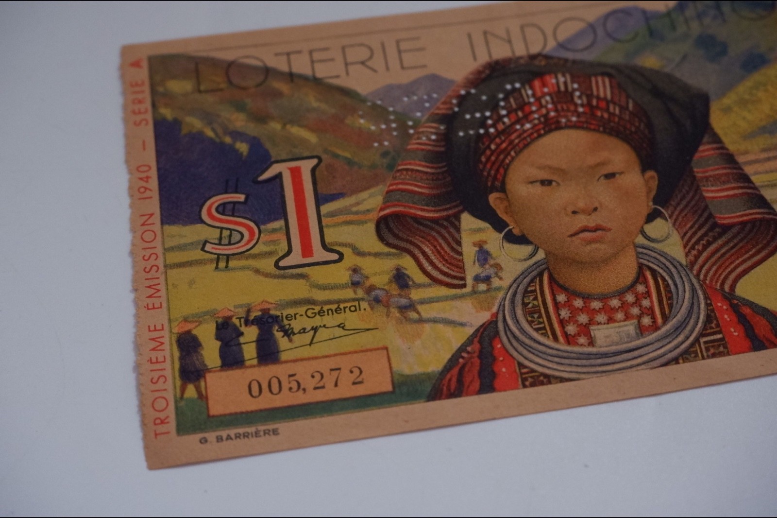 BANKNOTE-VINTAGE FRENCH INDOCHINE VIETNAMESE LOTTERY TICKET 1 PIASTRE 1940 RARE