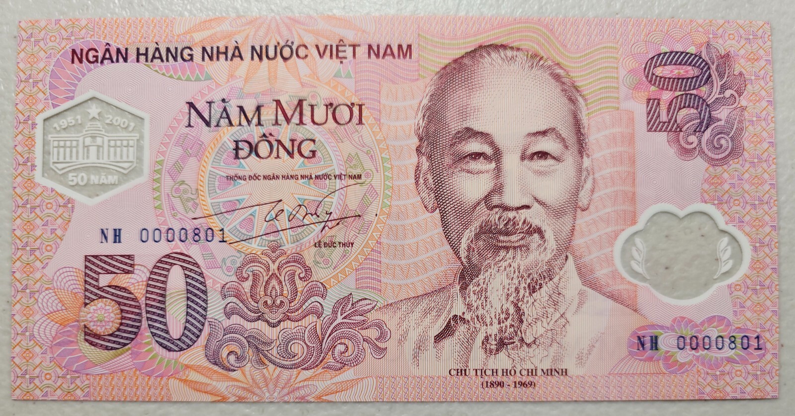 Vietnam 50 Dong 2001, S/N 801, w/ Official Envelope & Folder, UNC