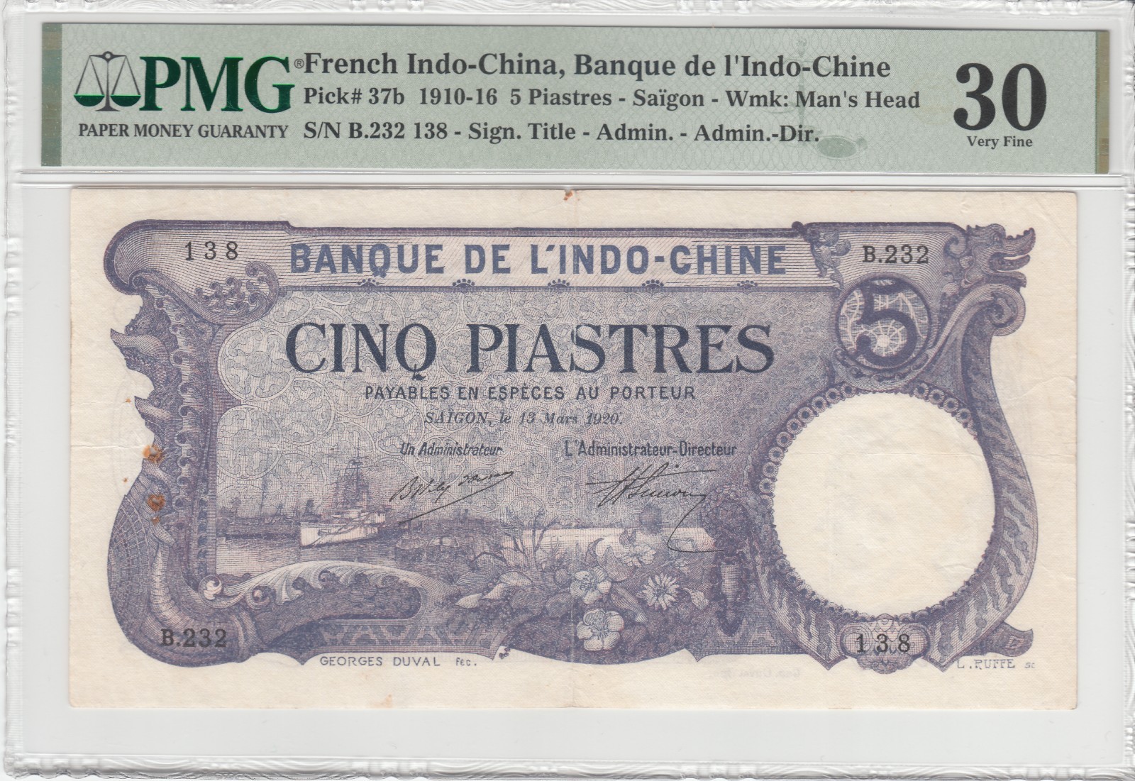 French Indochina/Vietnam 1910-16 PMG SaiGon 5 Piastres Banknotes P# 37b. VF.