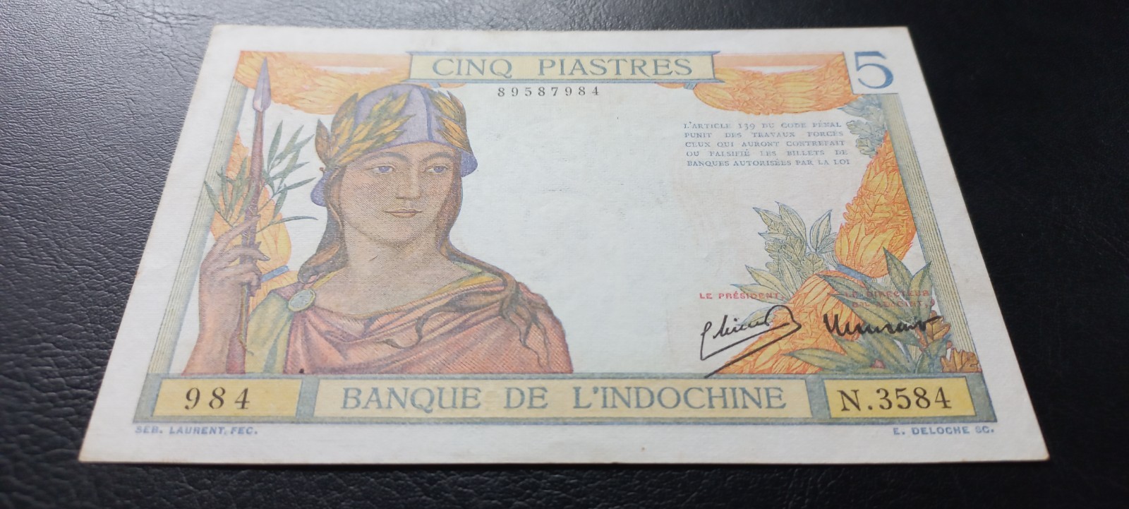 French Indo-China, 5 Piastres, Lao Text Type 1 – Signature # 11, 1946, (P-55c)