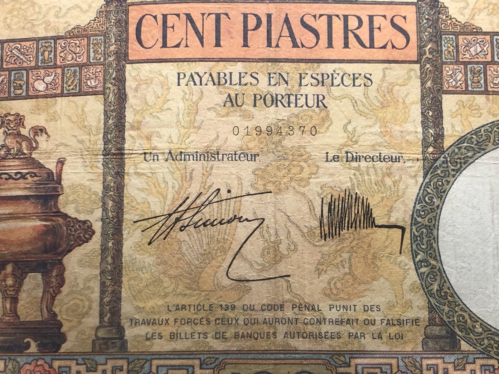 100 Piastres P-51c Sign#7 Indochine Banknotes 1927-1931 Original Vintage_LDP.