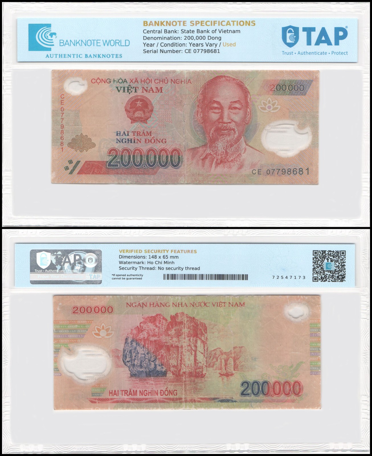 Vietnam 200000 Dong, 2006-2022, P-123, Used, Polymer, TAP Authenticated