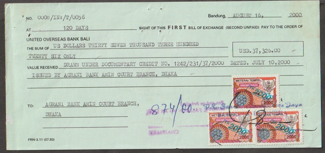 JN Vietnam 2000 United Overseas bank cheque with revenue stamps
