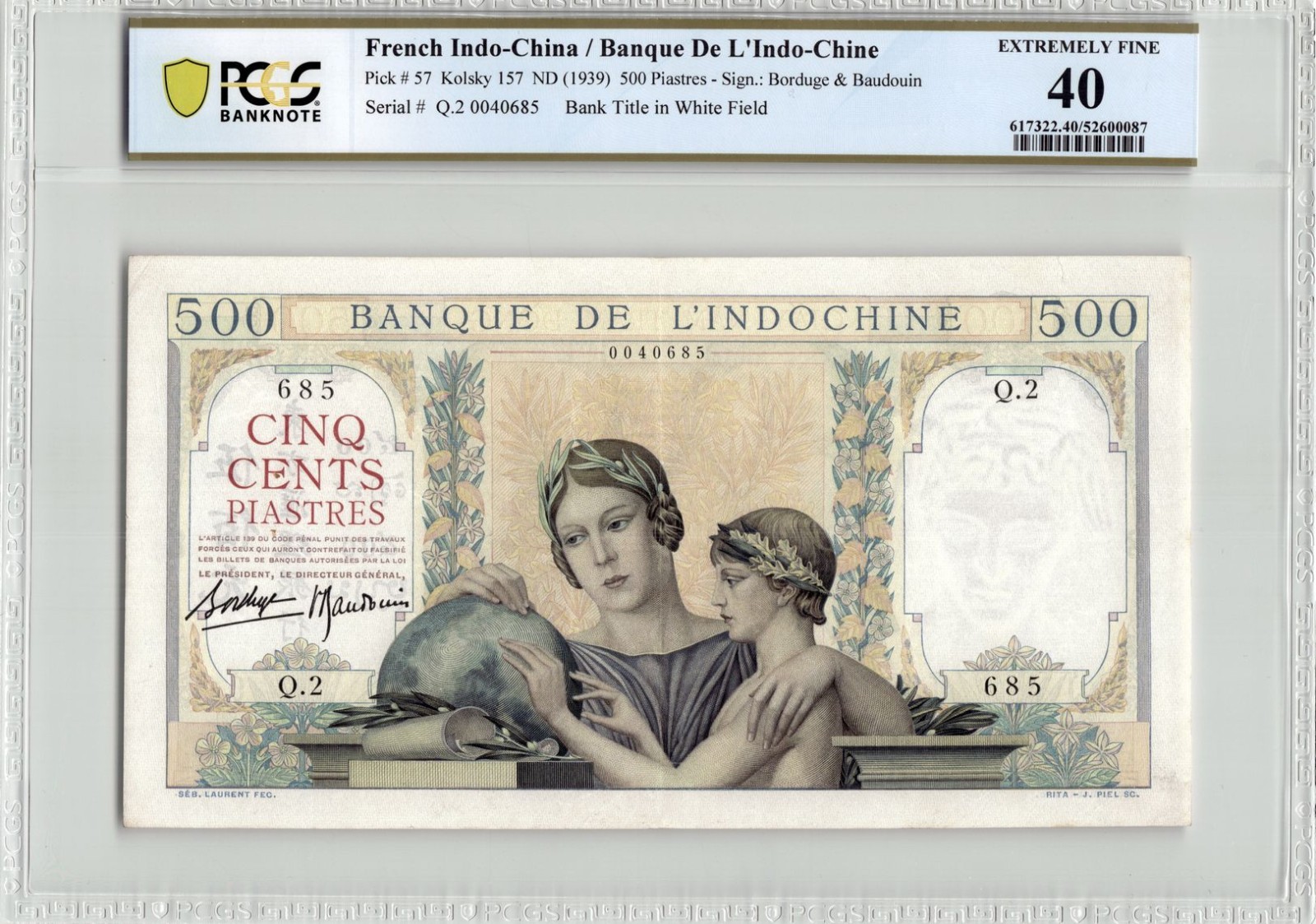 French Indochina ND (1939) 500 Piastres Pick 57 PCGS 40. Serial # Q.2 0040685