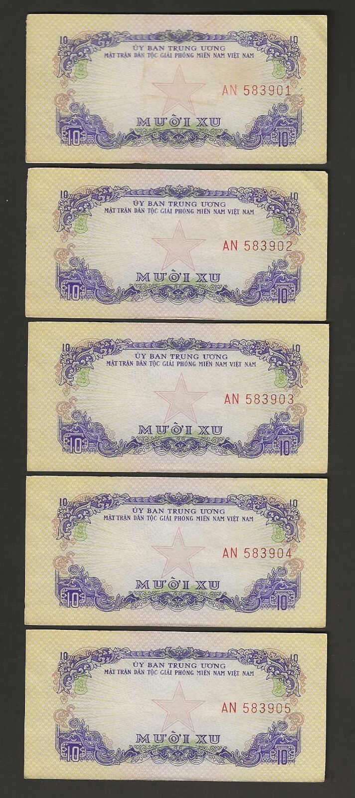 1963 Liberation of S. Vietnam Consecutive 5 of UNC Bank Notes, P#R1.
