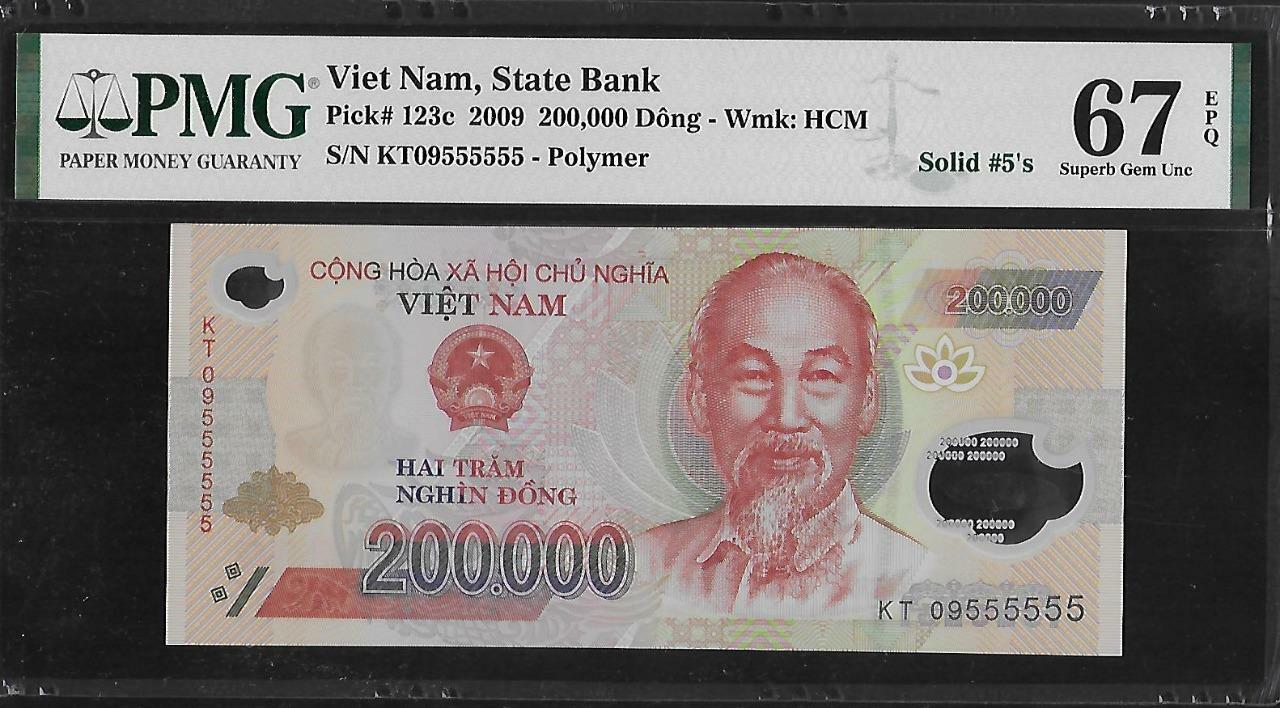 Vietnam P-123c 200,000 Dong 2009 Solid #5’s PMG 67 EPQ