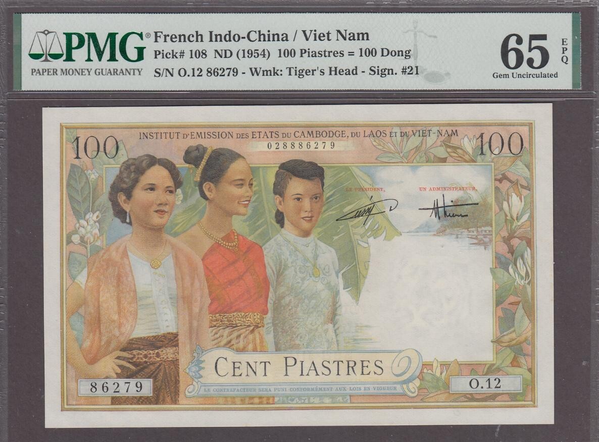 French Indochina 100 Piastres Note P-108 ND 1954 Gem UNC PMG 65 EPQ