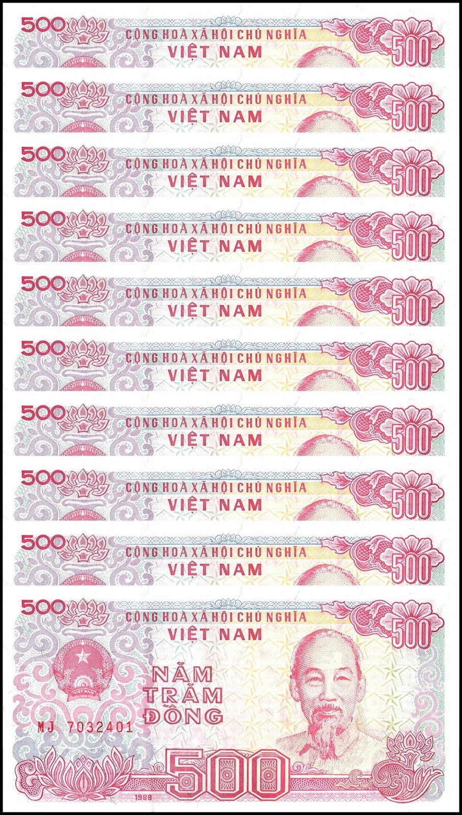 Vietnam 500 Dong, 1988, P-101a, UNC X 10 PCS