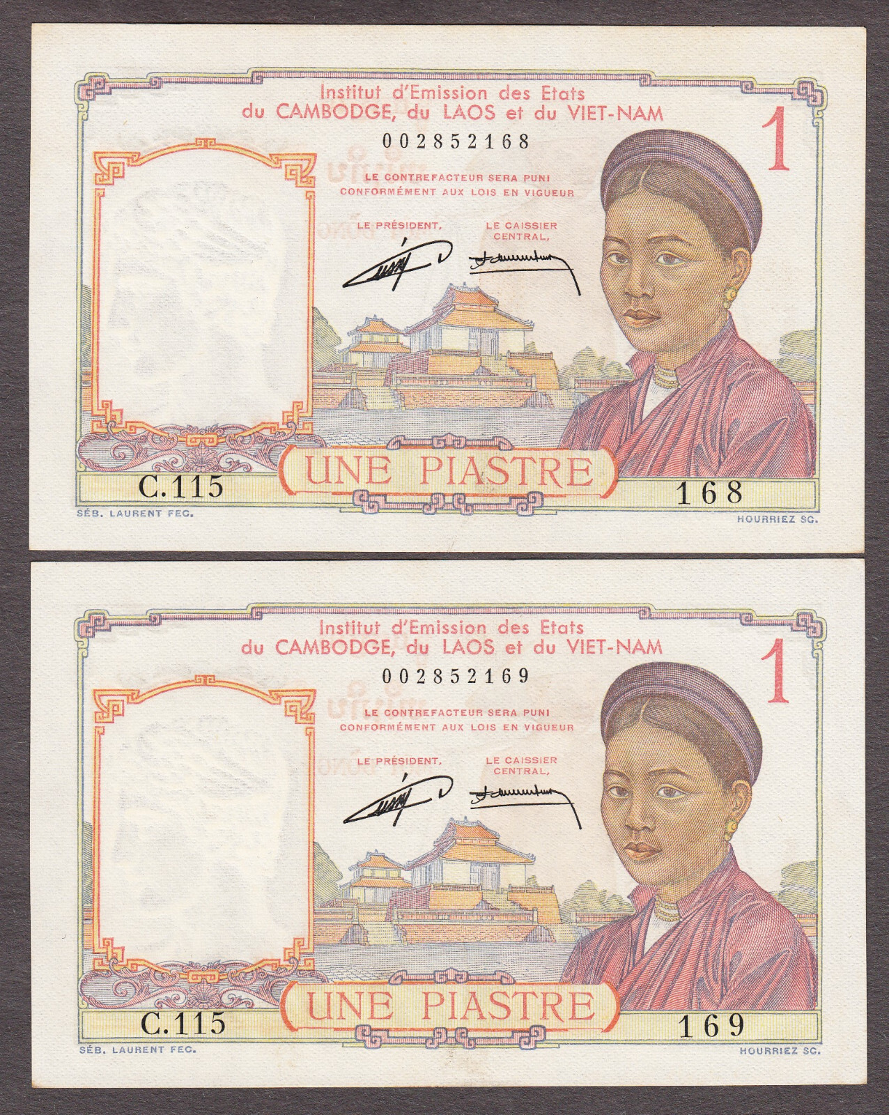 French Indo-China 2 Consecutive One Piastre ND (1953) WWII Pick-92 CH UNC