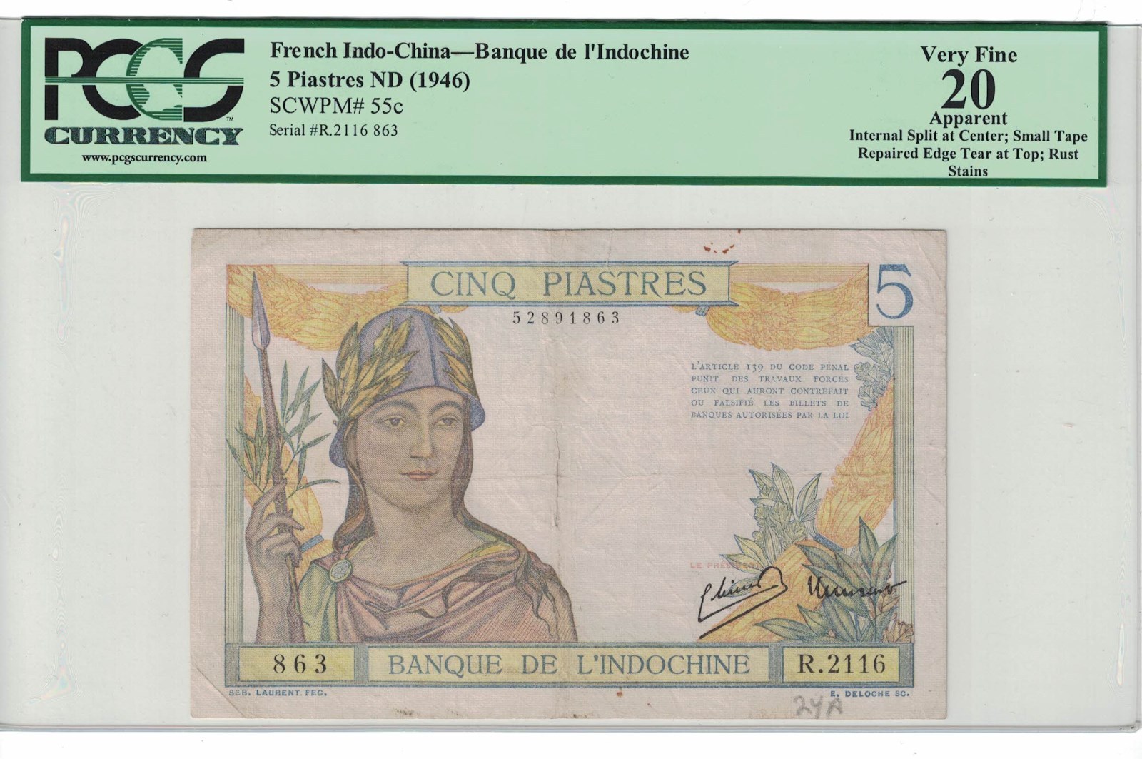 French Indochina 5 Piastres 1946 Pick# 55c PCGS: 20 ( #763 )