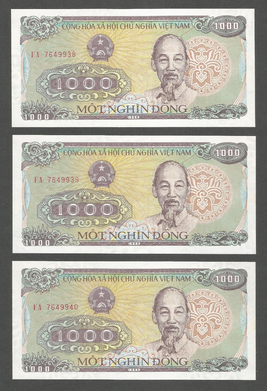 Vietnam 1000 Dong 1988; UNC; P-106a; BNB-B334b; Lot of 3 consecutive serial #