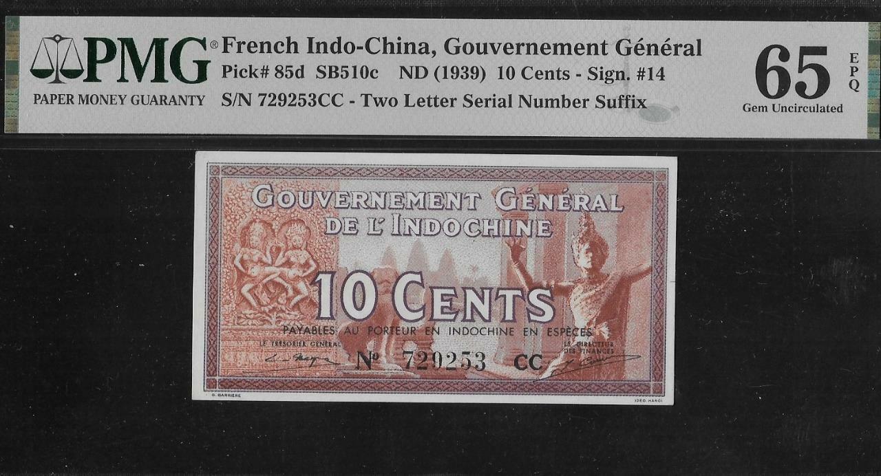 French Indochina P-85d 10 Cents 1939 PMG 65 EPQ