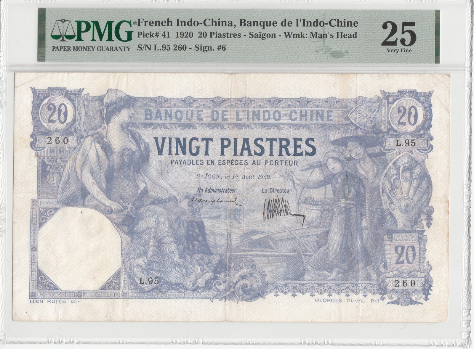 French Indochina/Vietnam 1920 PMG SaiGon 20 Piastres Banknotes P# 41 VF.