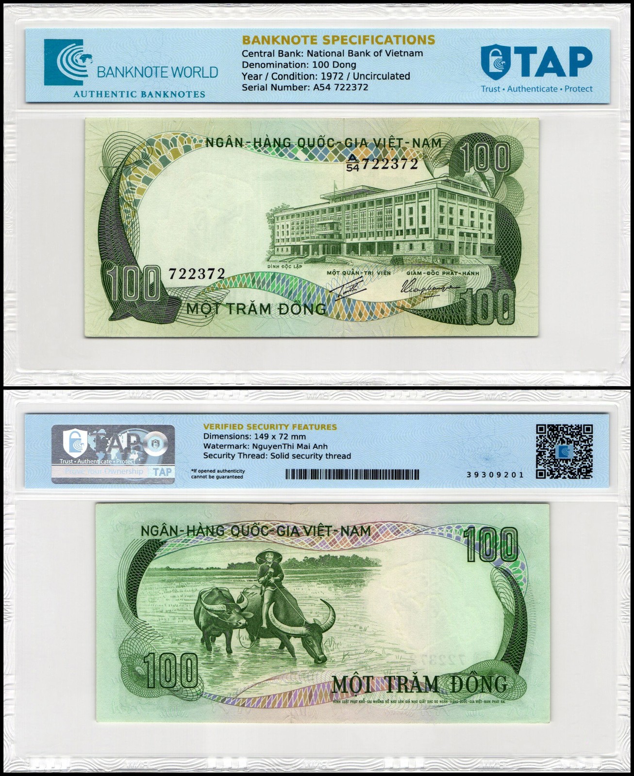 South Vietnam 100 Dong, 1972 ND, P-31, UNC, TAP Authenticated