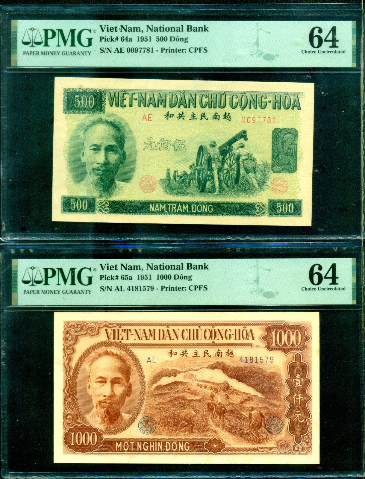 Vietnam North 1951 – Set of 9 notes PMG 40 to 64
