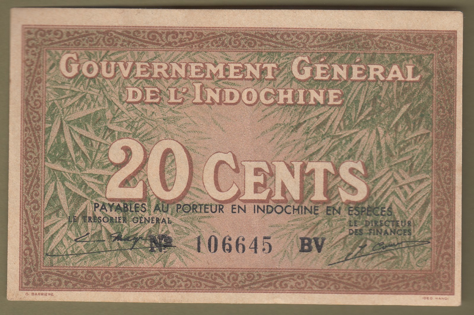 1939 French Indochina/Vietnam 20 Cents Ex. Fine P# 86d.