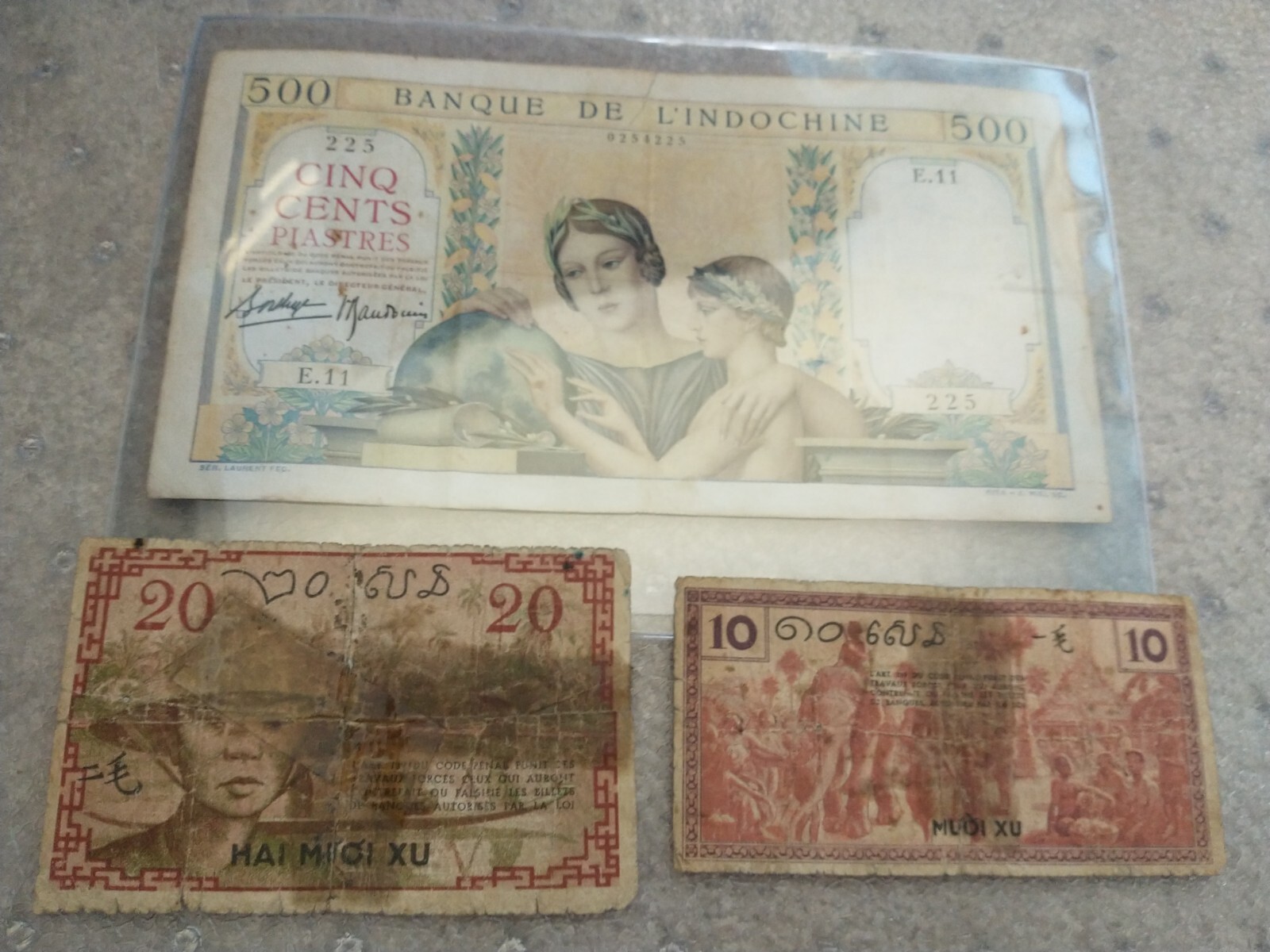 French Indochina 10 20 Cents 500 Francs 1939 WWII Tear Vietnam Laos Cambodia