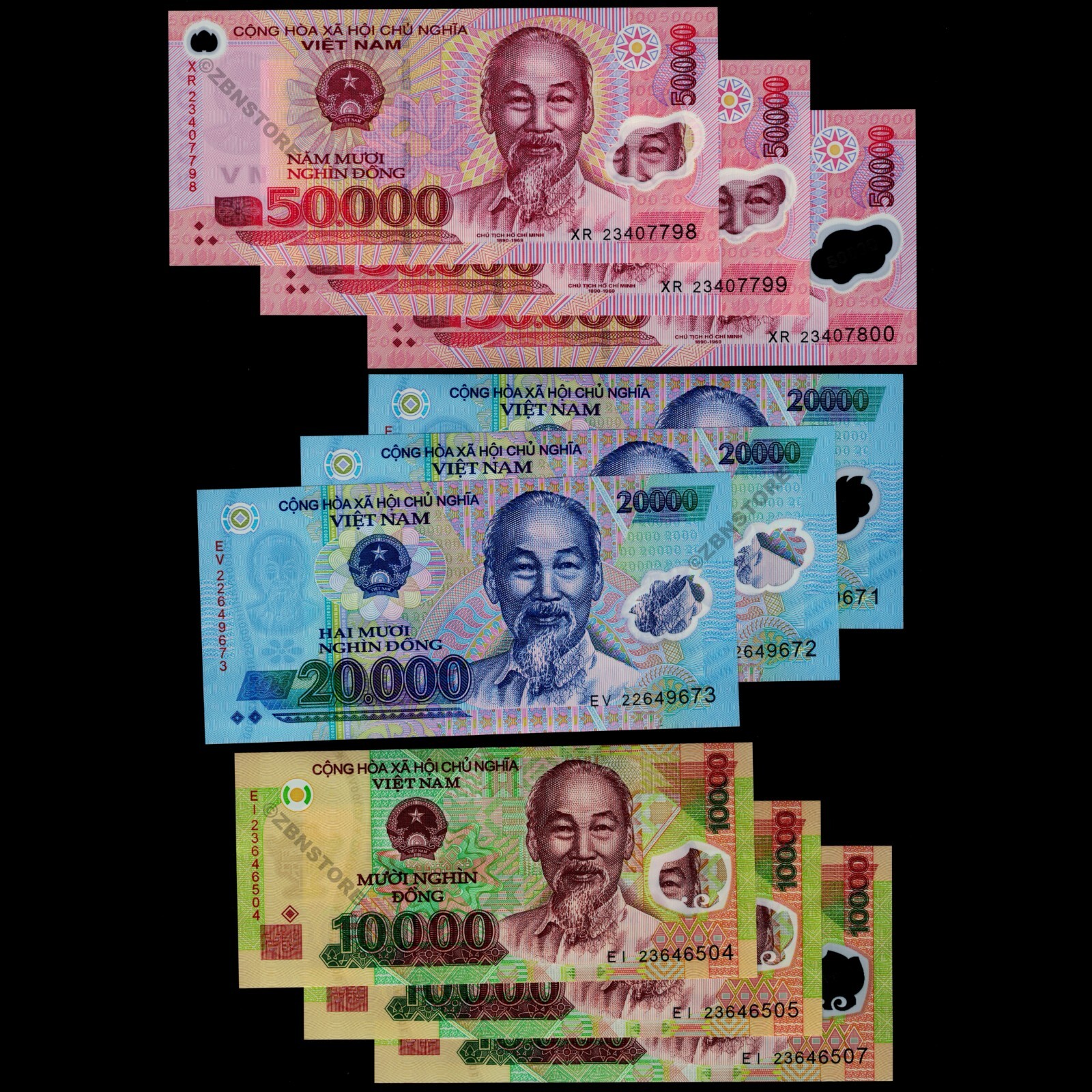 3 x 50,000 20,000 10,000 Vietnam Dong 9 Banknotes UNC + Certificate Authenticity