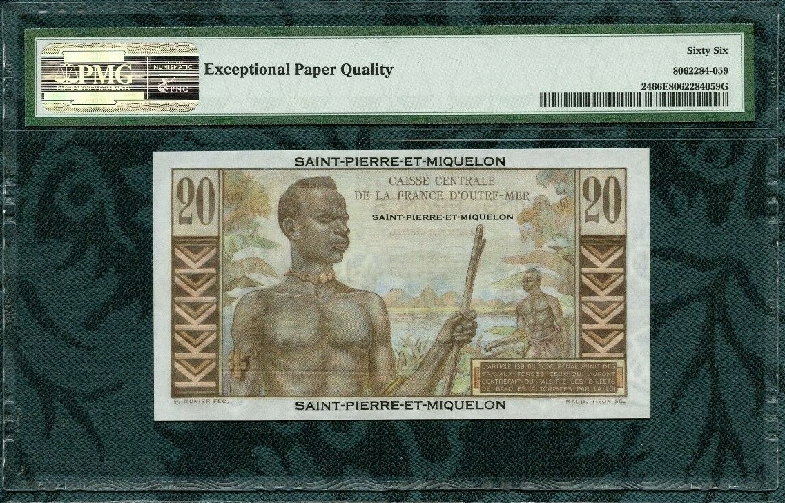 Saint Pierre & Miquelon:P-24,20 Francs,1950* Emile Gentil * PMG Gem UNC 66 EPQ