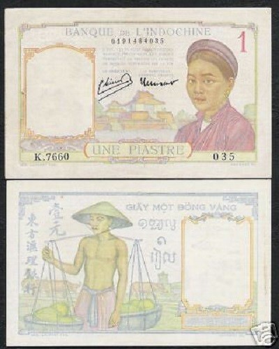 FRENCH INDO CHINA 1 PIASTRE P-54 D 1946 BUFFALO AUNC VIETNAM MONEY BILL BANKNOTE