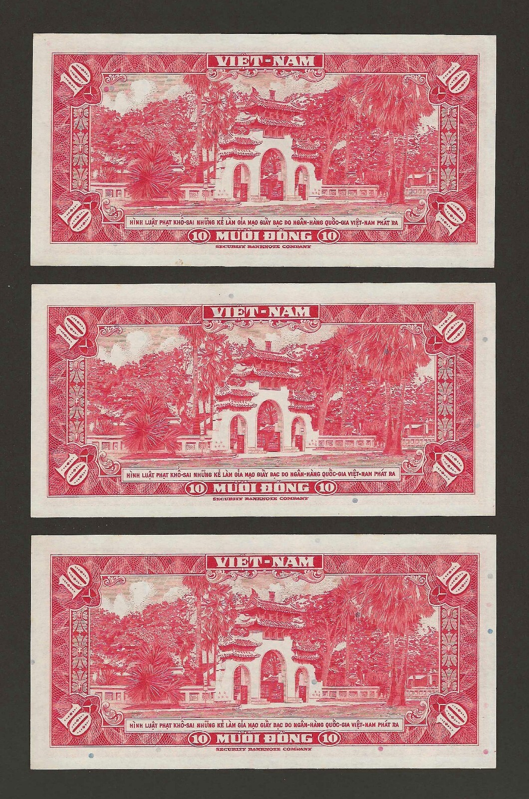 SOUTH VIETNAM 10 Dong 1962, P-5a, SBNC Print, 3x Consecutive, a/UNC, Original.