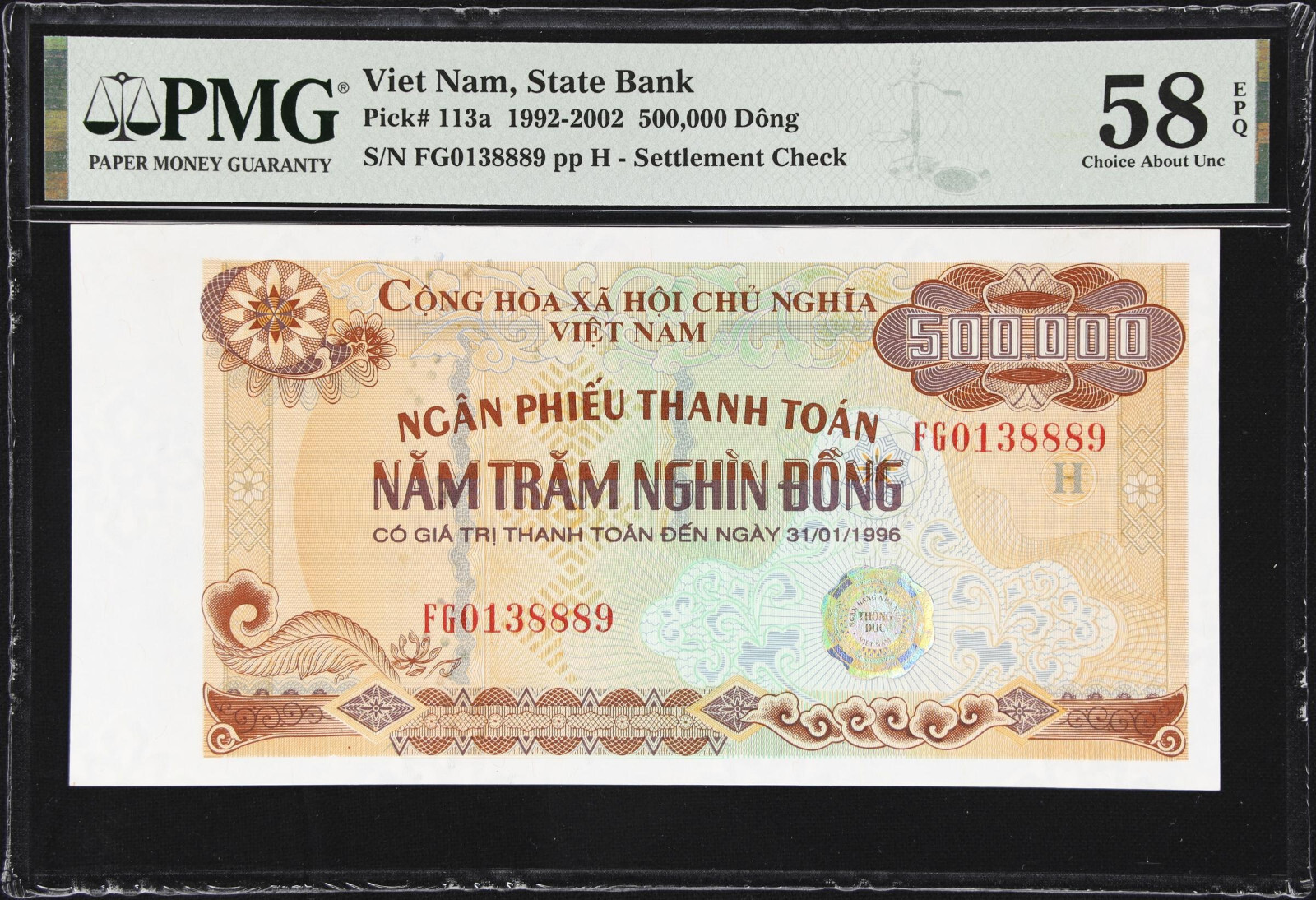Vietnam 500,000 Dong 1996 Settlement Check Pick-113a About UNC PMG 58 EPQ
