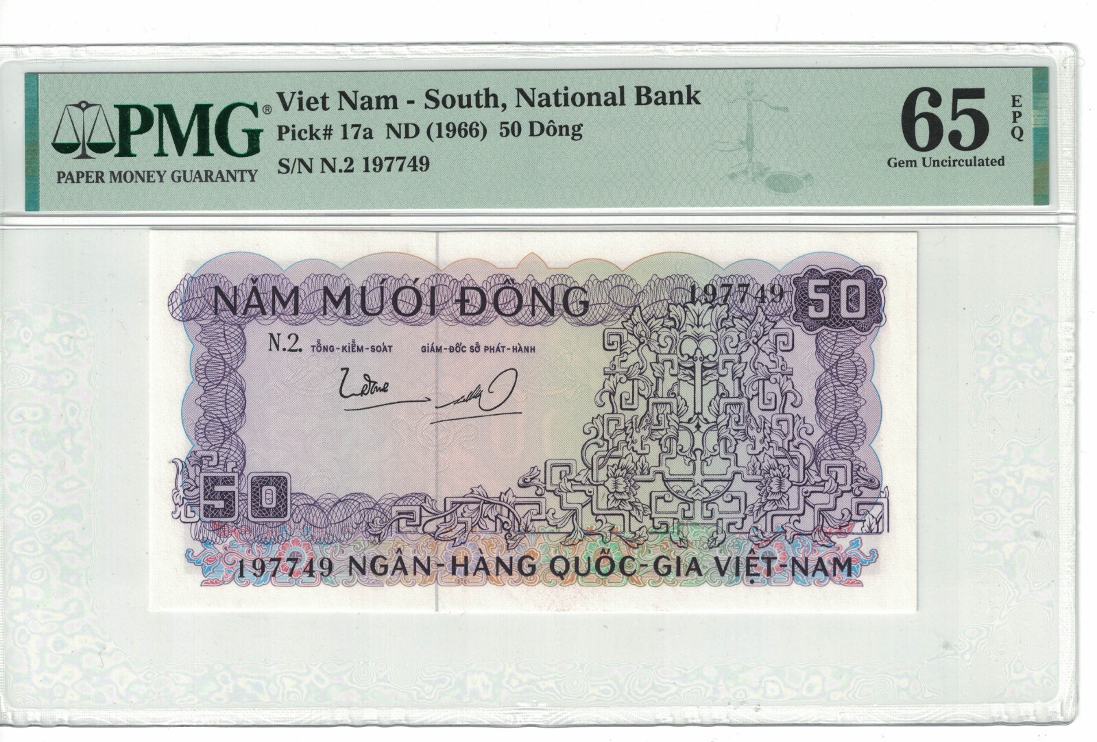 VietNam South 50 Dong 1966 Pick# 17a PMG: 65 EPQ GEM UNC. #PL1455