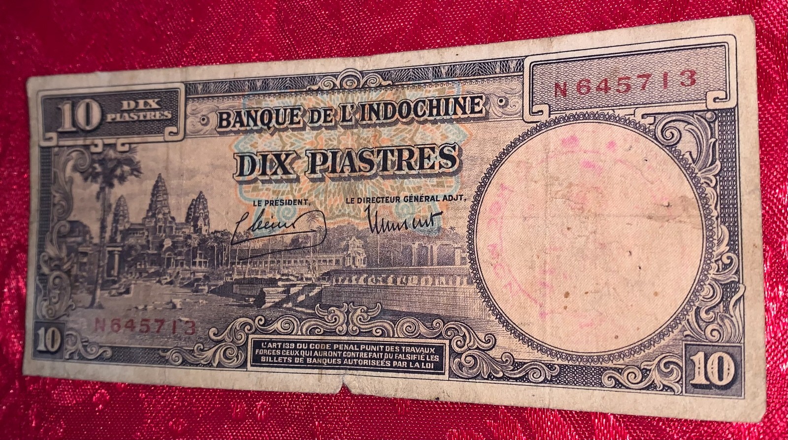 French Indochina China 10 Piastres 1947 P-80 TDLR BankNote N 645713