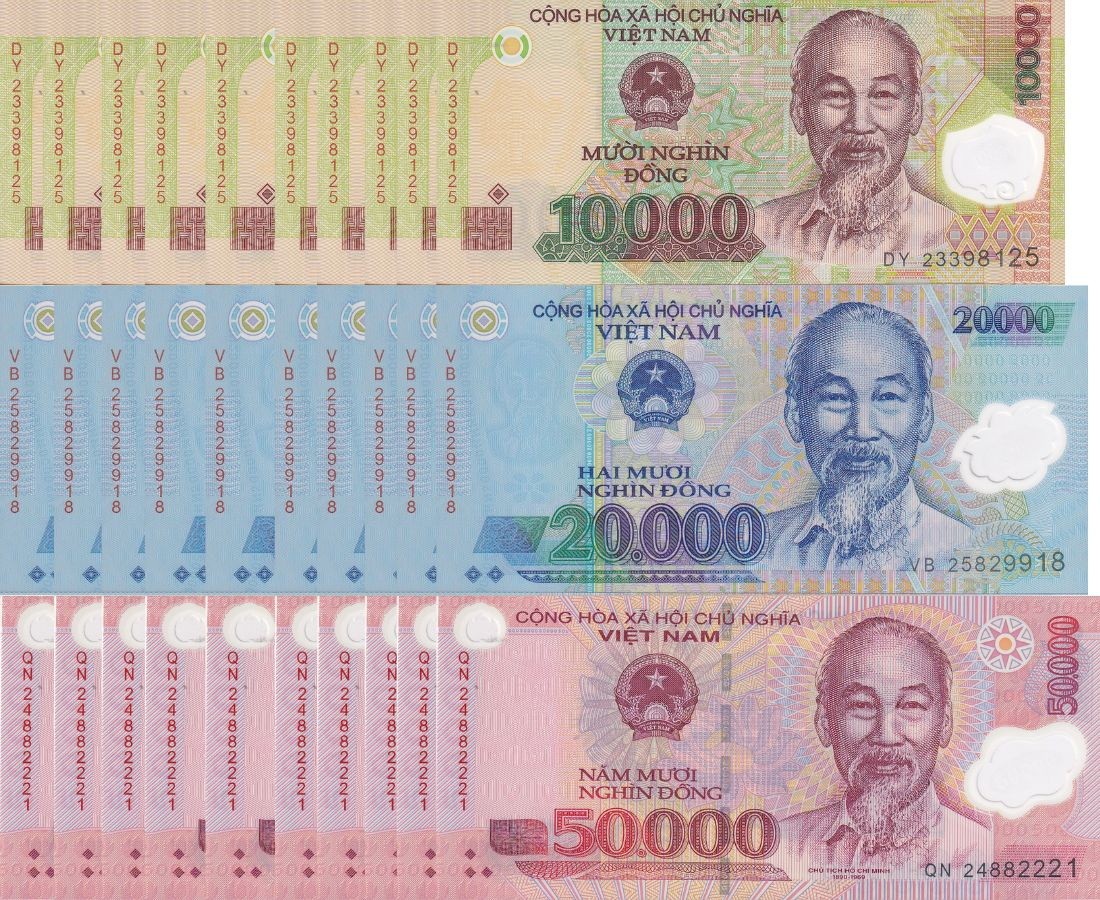 Vietnam SET 3 X Lot 10 = 30 UNC 10000 – 50000 Dong Random Year P 119-121 polymer