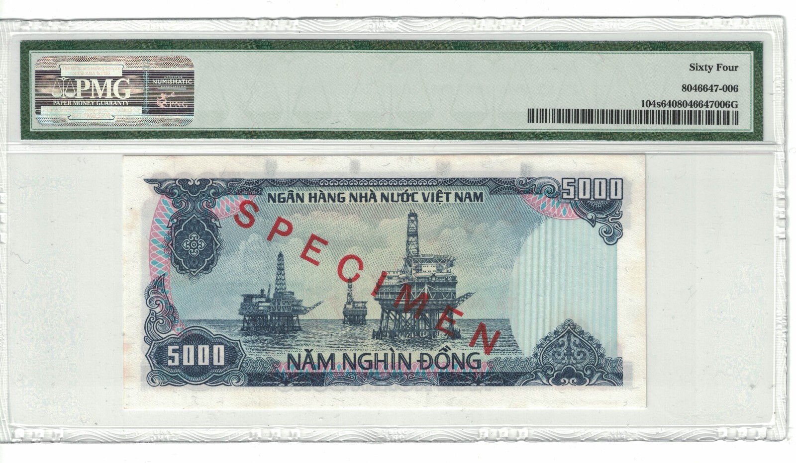 VIETNAM – SPECIMEN 5000 DONG 1987 PICK# 104s PMG: 64 UNC. #PL1590