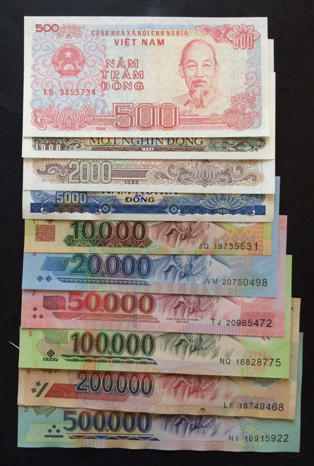 Ten Vietnamese Dong Banknotes Mixed=(UNC/CIR), 1/each Denomination Large-Small