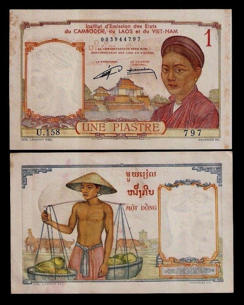 FRENCH INDO CHINA 1 PIASTRE P-92 1953 AUNC BUFFALO VIETNAM FRENCH MONEY BANKNOTE