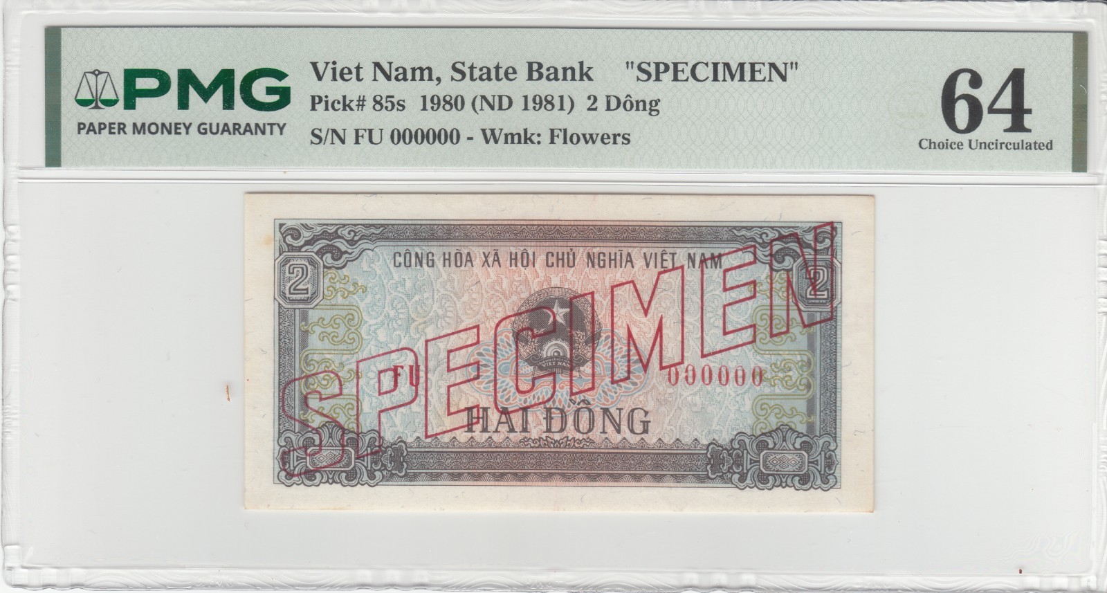 1980 Dem/Rep of Vietnam SPECIMEN, 2Dong Bank Notes, PMG Certified P#85s.