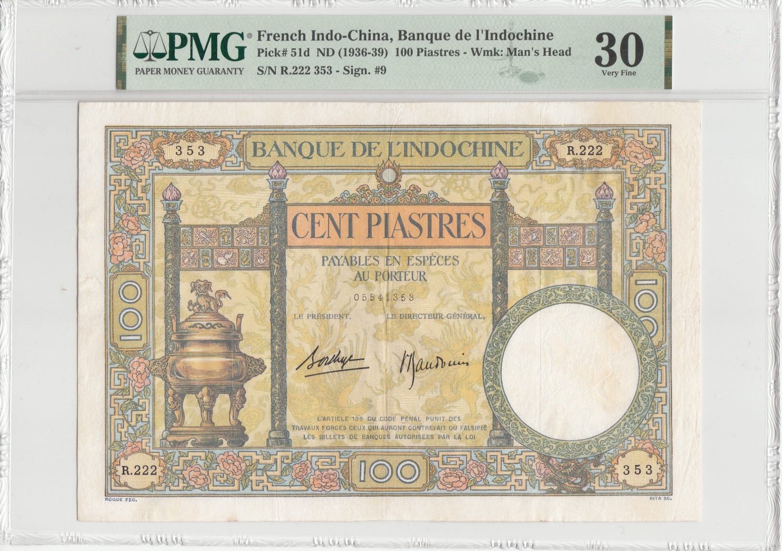 French Indochina/Vietnam 1936-39 PMG SaiGon 100 Piastres Banknotes P# 51d. VF.