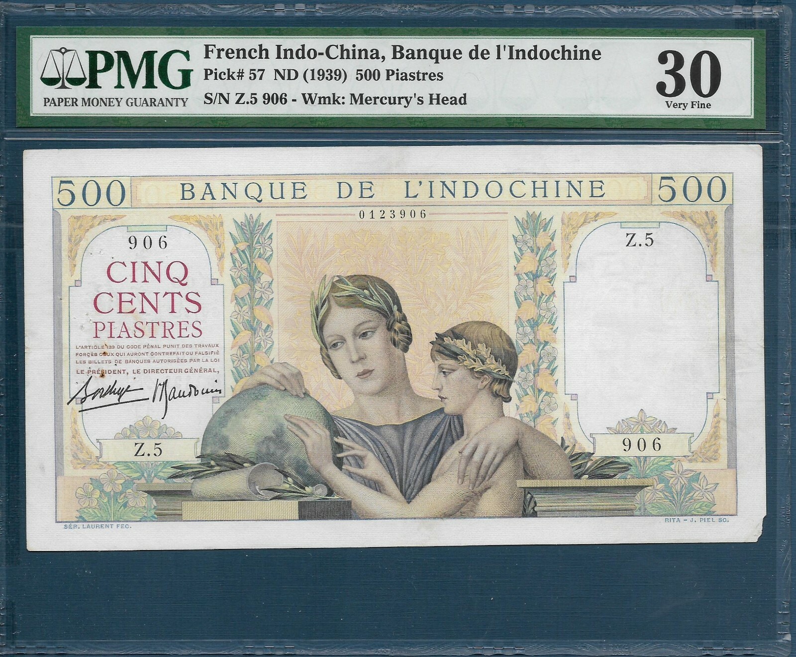 French Indochina Vietnam 500 Piastres, 1939, P 57, PMG VF 30